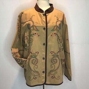 Embroidered,Boho,cotton twill, button front, edge banded tan barn jacket size 1X